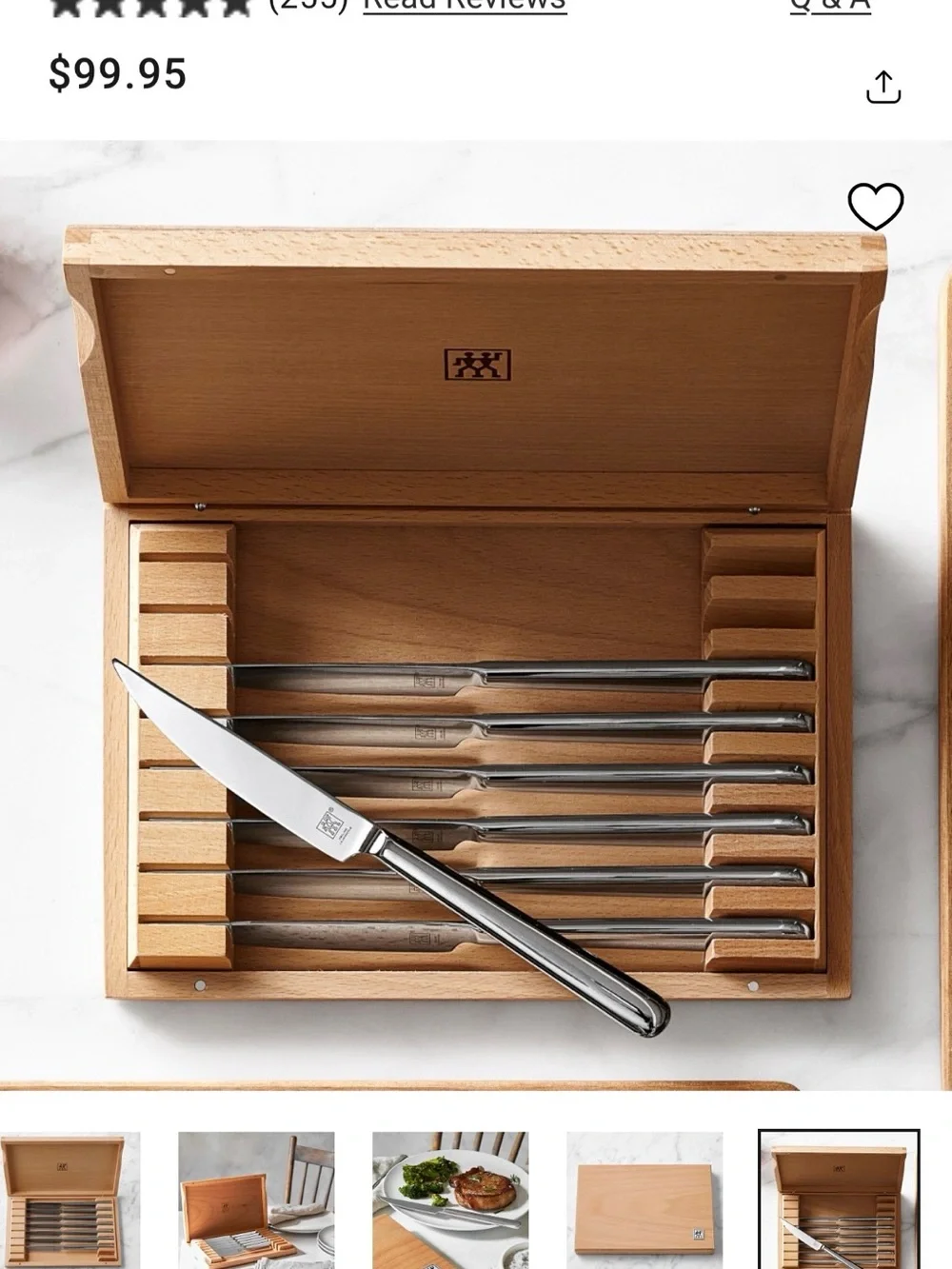 Zwilling Stainless Steel Steak Knife Set with Wood Box - Silver